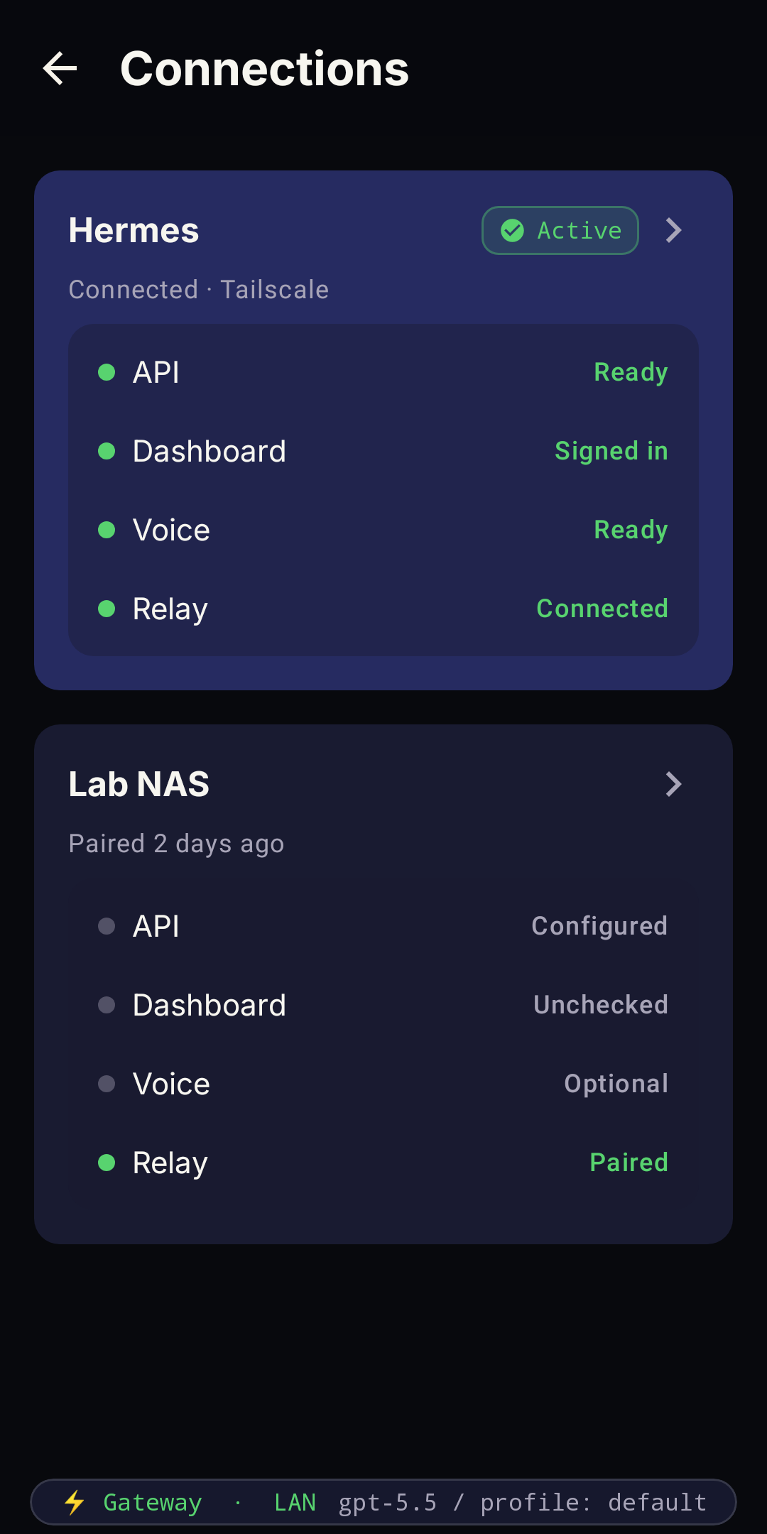 Hermes-Relay Connections screen with API, Dashboard, Voice, and Relay readiness rows.