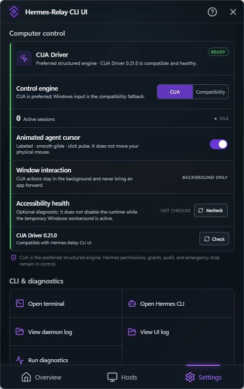 Hermes-Relay CLI UI settings with daemon, CUA Driver, diagnostics, and update controls