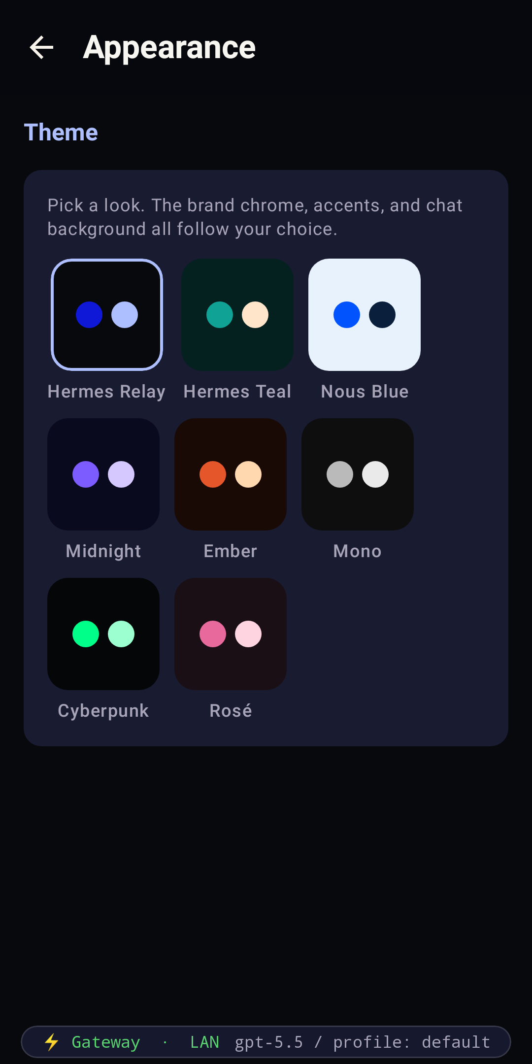 Theme picker in Settings → Appearance