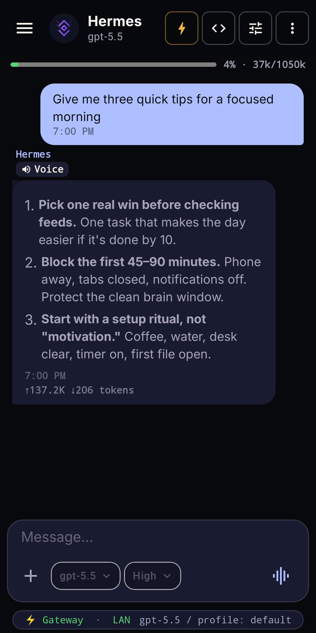 Hermes-Relay chat running on Android