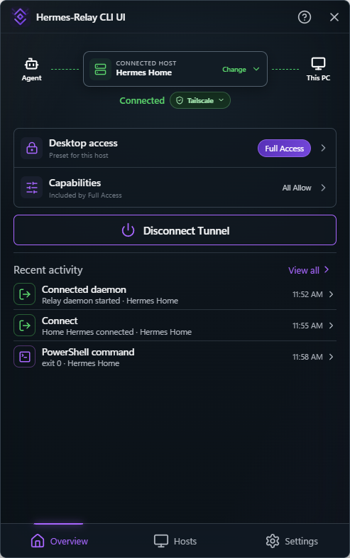 Gerencie sem abrir um terminal.: O Windows inclui uma interface compacta e opcional na bandeja para hosts, acesso, aprovações, atividades, atualizações e configurações do daemon.