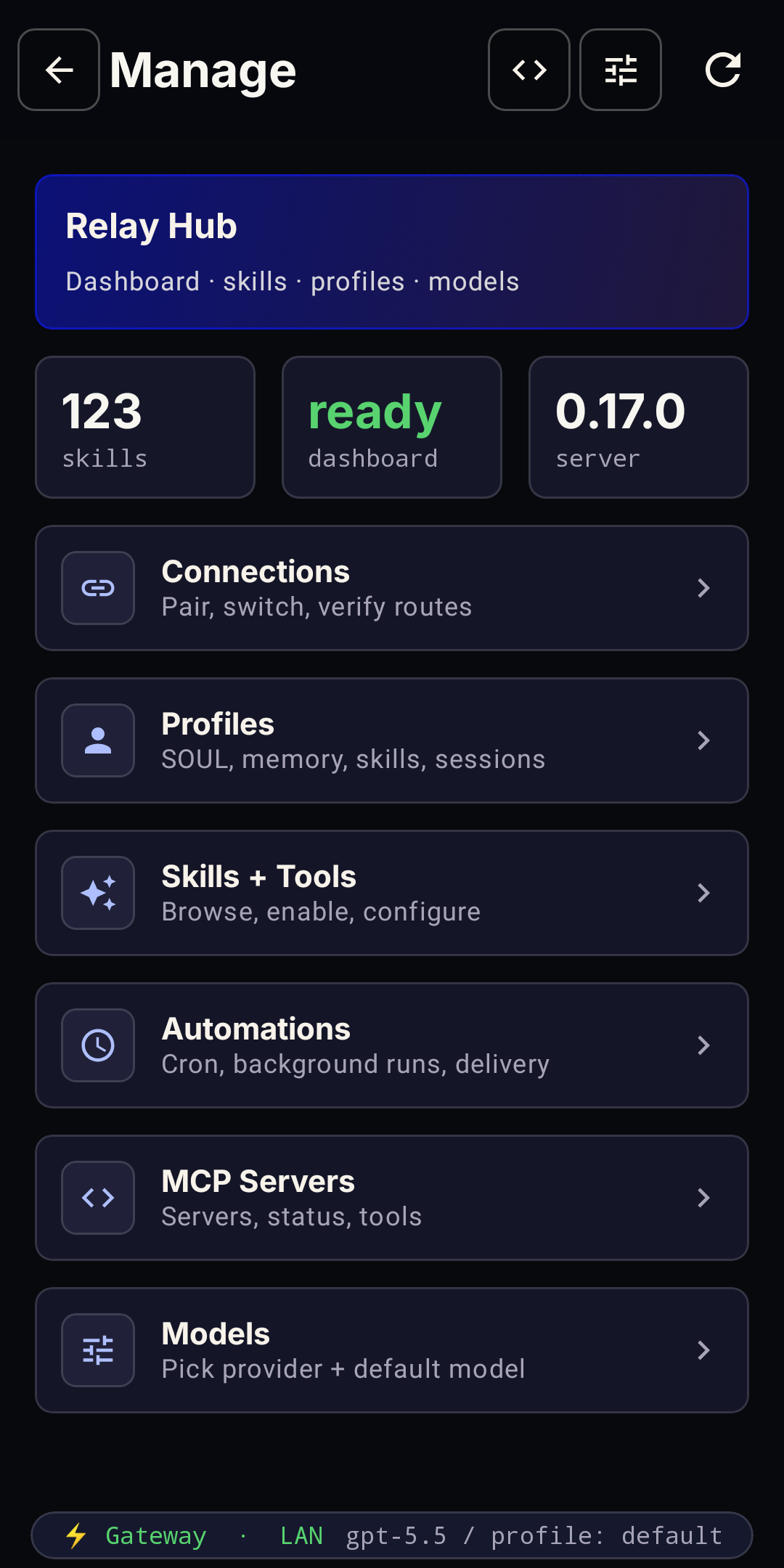 Hermes-Relay Manage screen